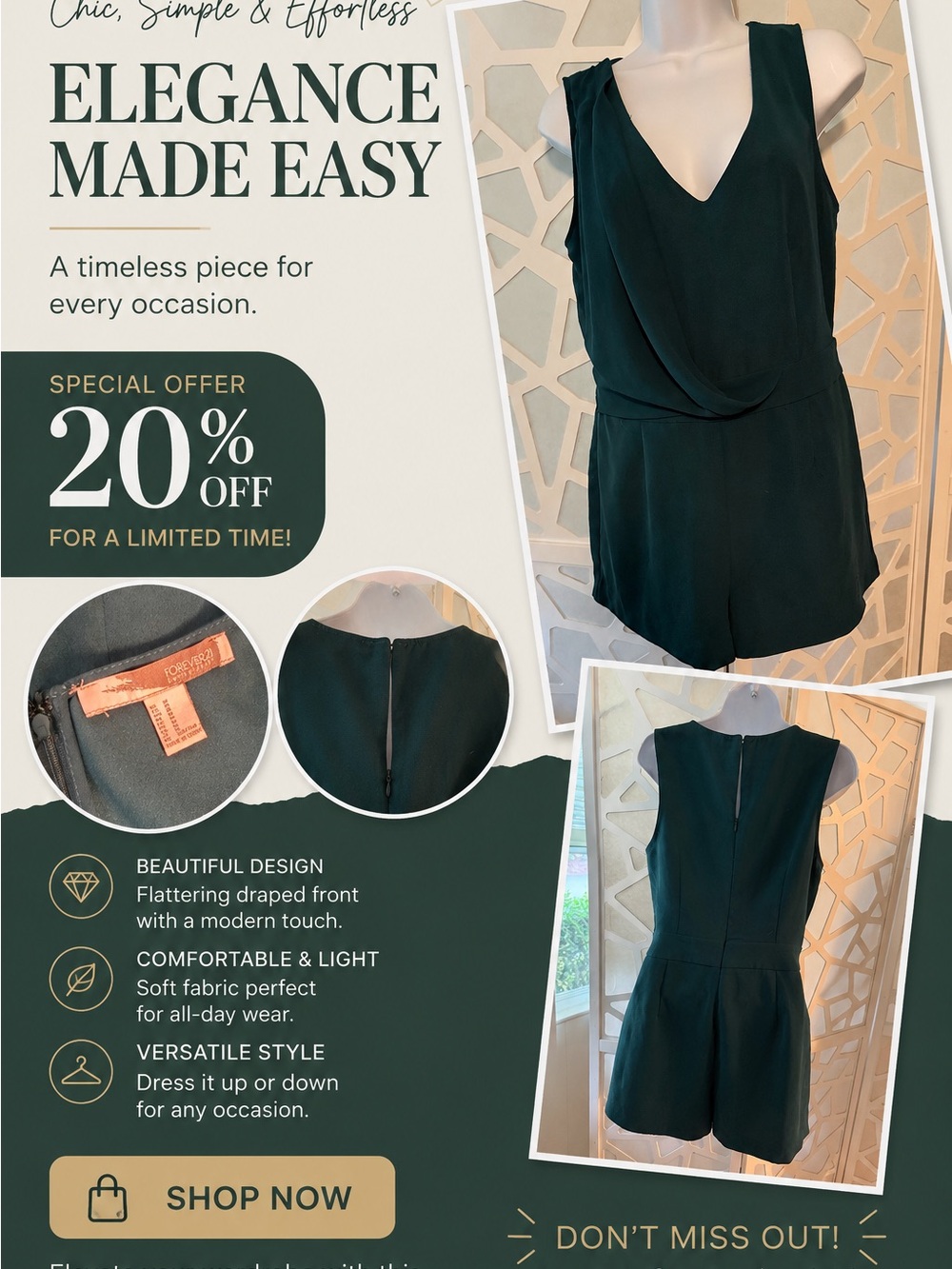 No Boundaries Emerald Green Draped V-Neck Romper
